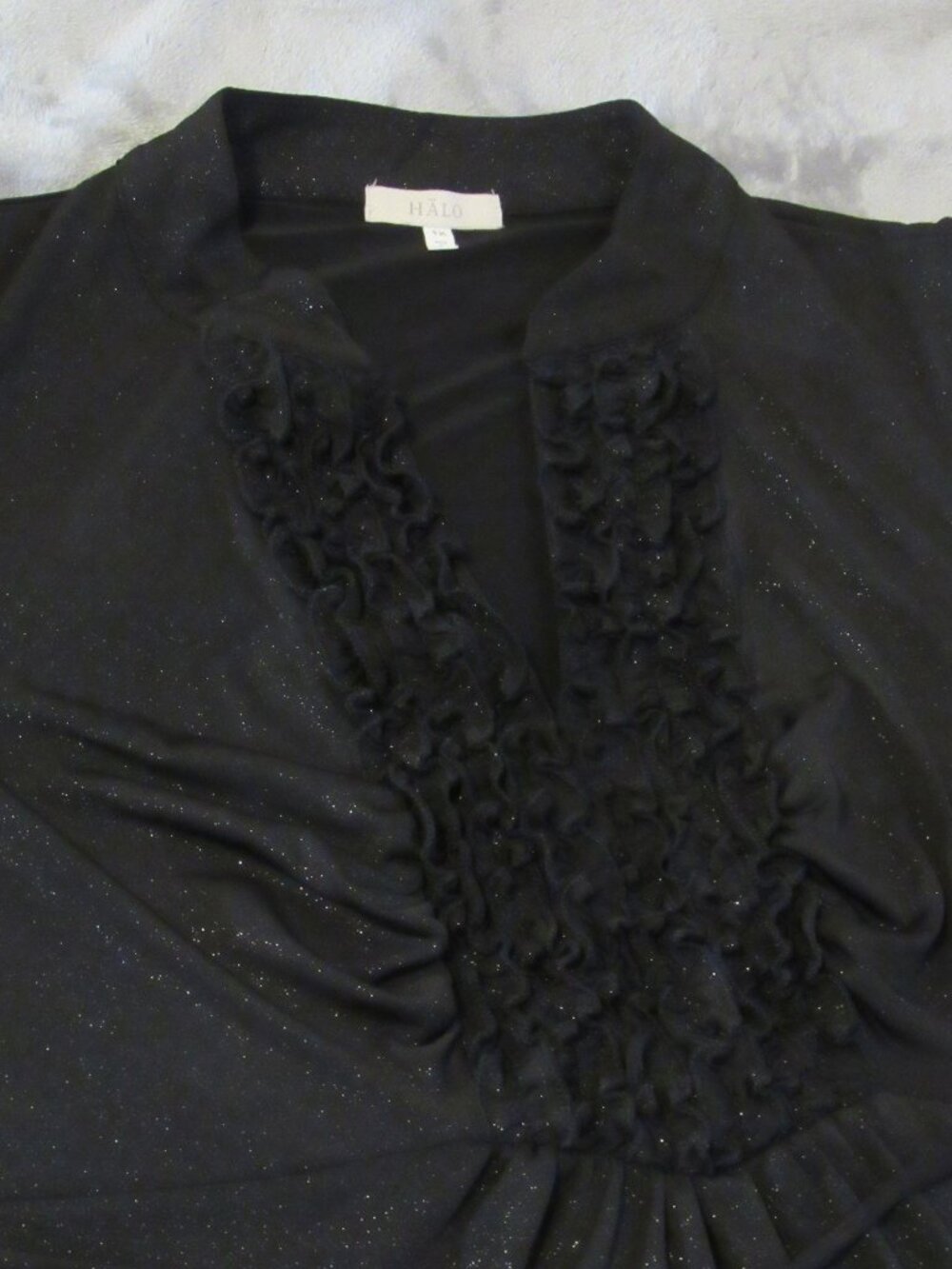 Halo V Neck Ruffle Blouse 1X Black Sparkle Short Sleeve Tie Waist